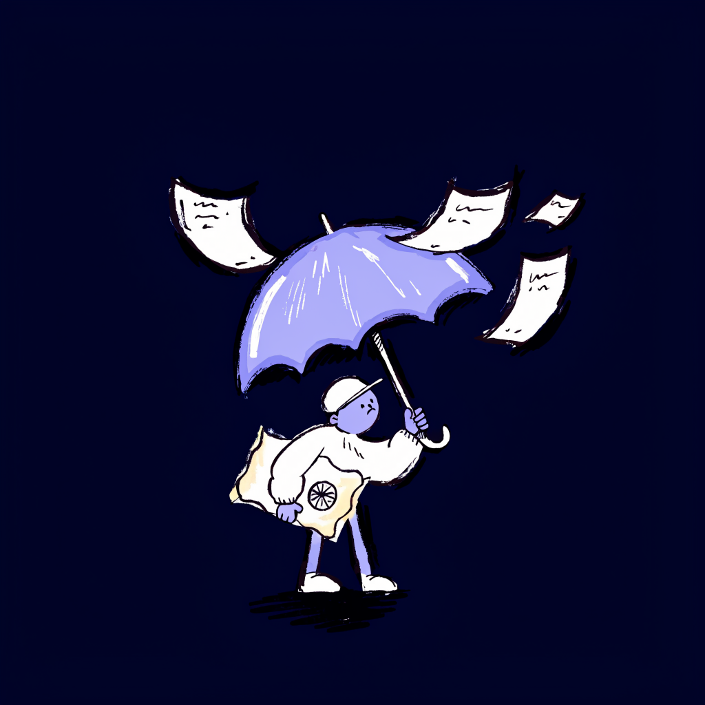 Tiny illustrated figure under a violet umbrella, papers bouncing off, holding a sealed certificate safely.