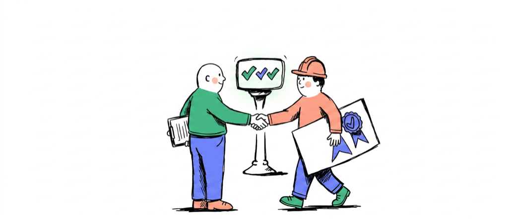 Hand-drawn illustration of a contractor handing a sealed insurance certificate to a compliance officer, a dashboard of checkmarks between them.
