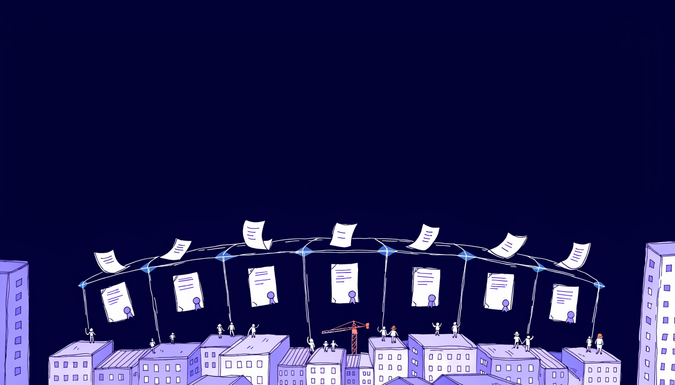Hand-drawn illustration of a night city sheltered by one glass canopy: loose papers rain down outside while orderly, ribbon-sealed certificates hang safely beneath.